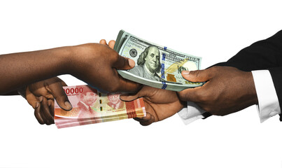 Two black african people hands holding exchanging stacks of Indonesia rupiah USA dollar currrency notes on transparent background.  pairing, Weighing  and comparing two country monies. Exchange rate 