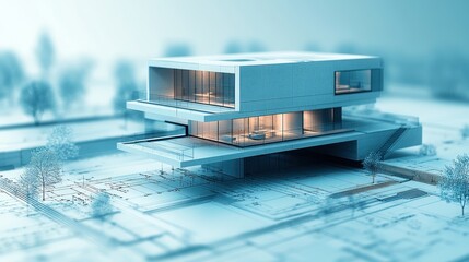 Modern Architectural Design: Luxurious House Model on Blueprint