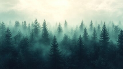 Fototapeta premium Misty Evergreen Forest: An Enchanting Aerial View