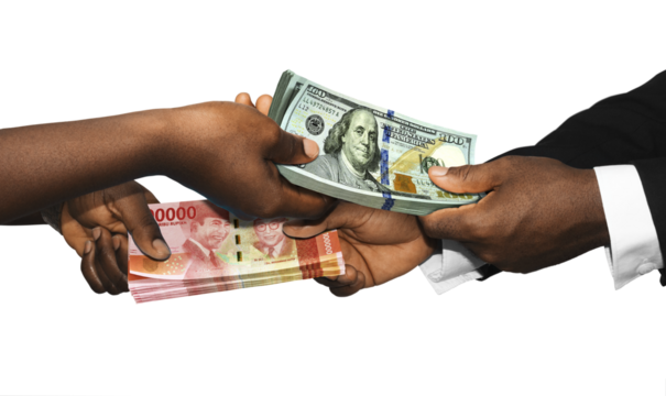 Two black african people hands holding exchanging stacks of Indonesia rupiah USA dollar currrency notes on transparent background. pairing, Weighing and comparing two country monies. Exchange rate - Powered by Adobe