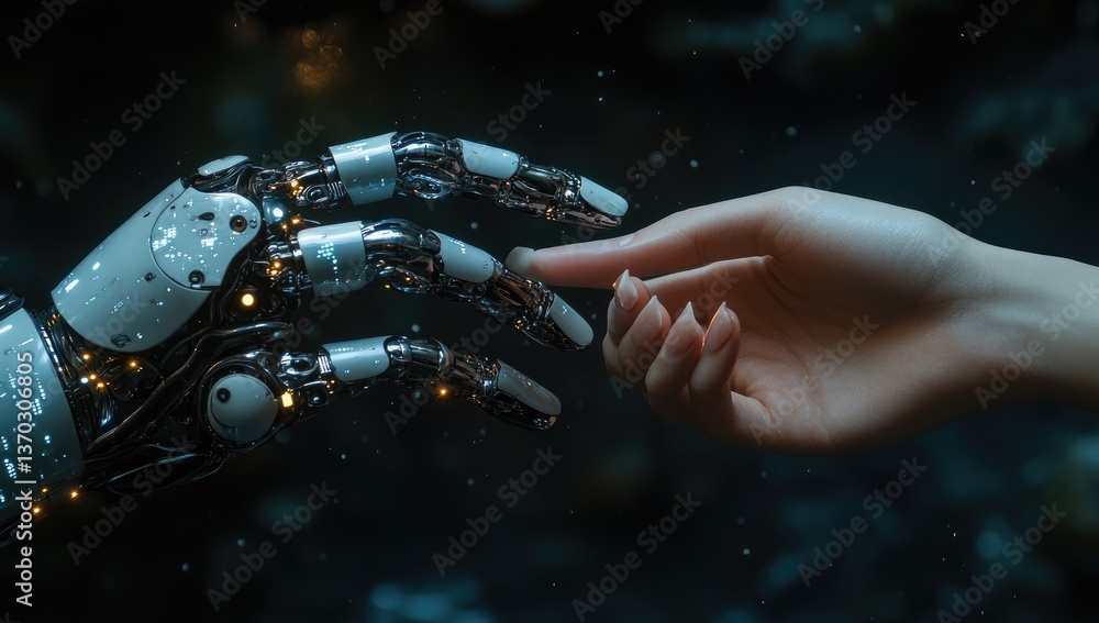 Aufkleber human hand reaching towards a robot hand in a dark blurred background creating a symbolic connection