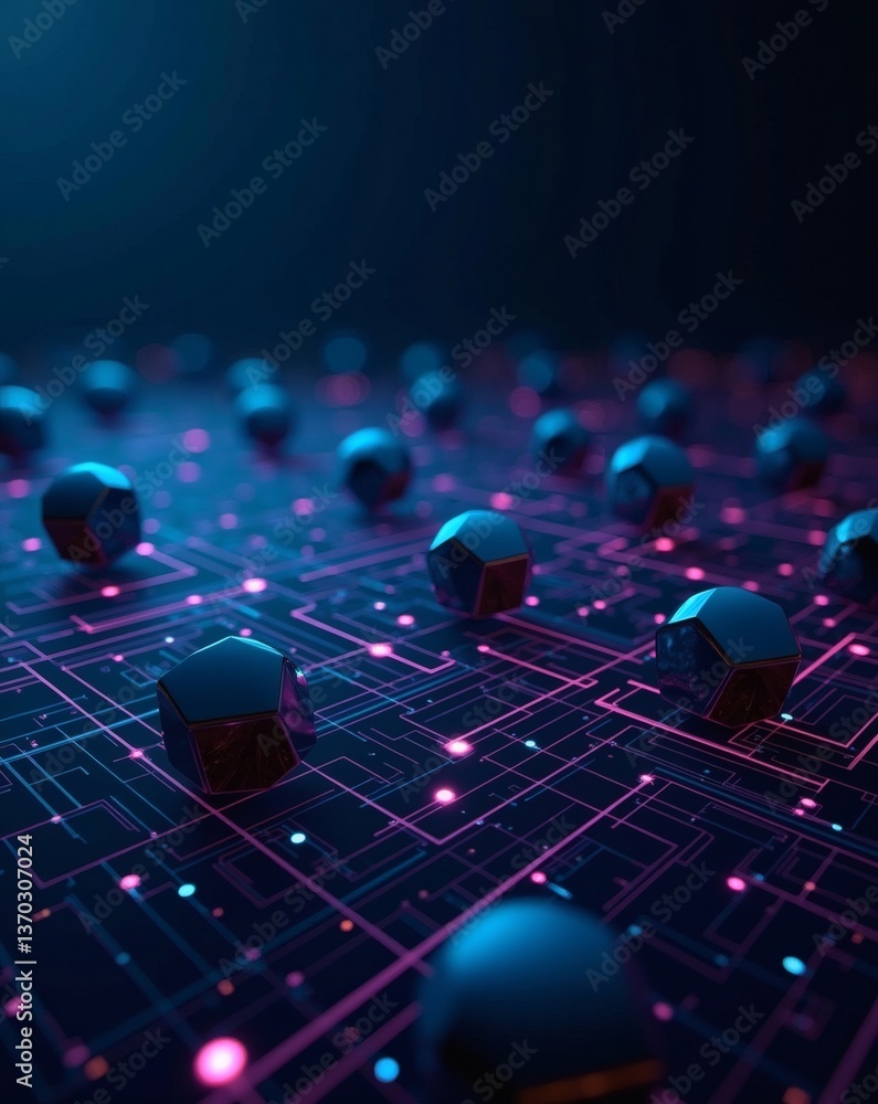 Poster a network of connected metallic shapes that symbolize a advanced technology infrastructure. the desi
