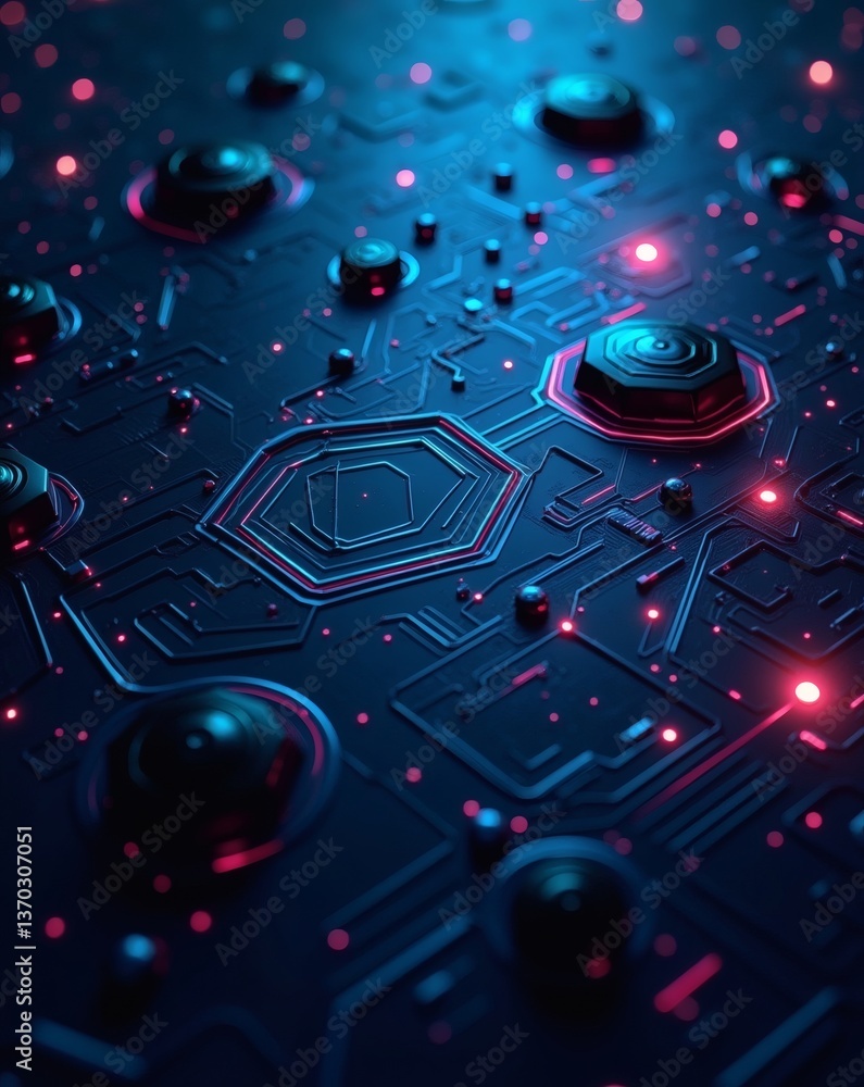 Poster a detailed close-up of a computer chip with glowing red and blue lights. the intricate design and vi