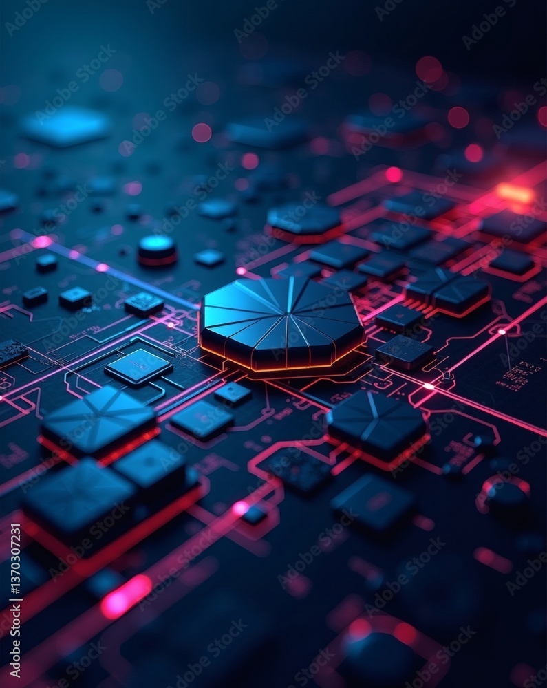 Poster an abstract macro shot of a motherboard with neon light accents and complex circuitry. it embodies t
