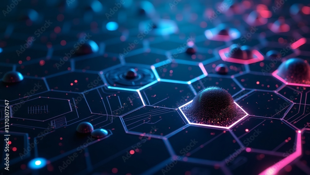 Poster abstract high-tech honeycomb pattern with glowing blue and red details, resembling a futuristic digi