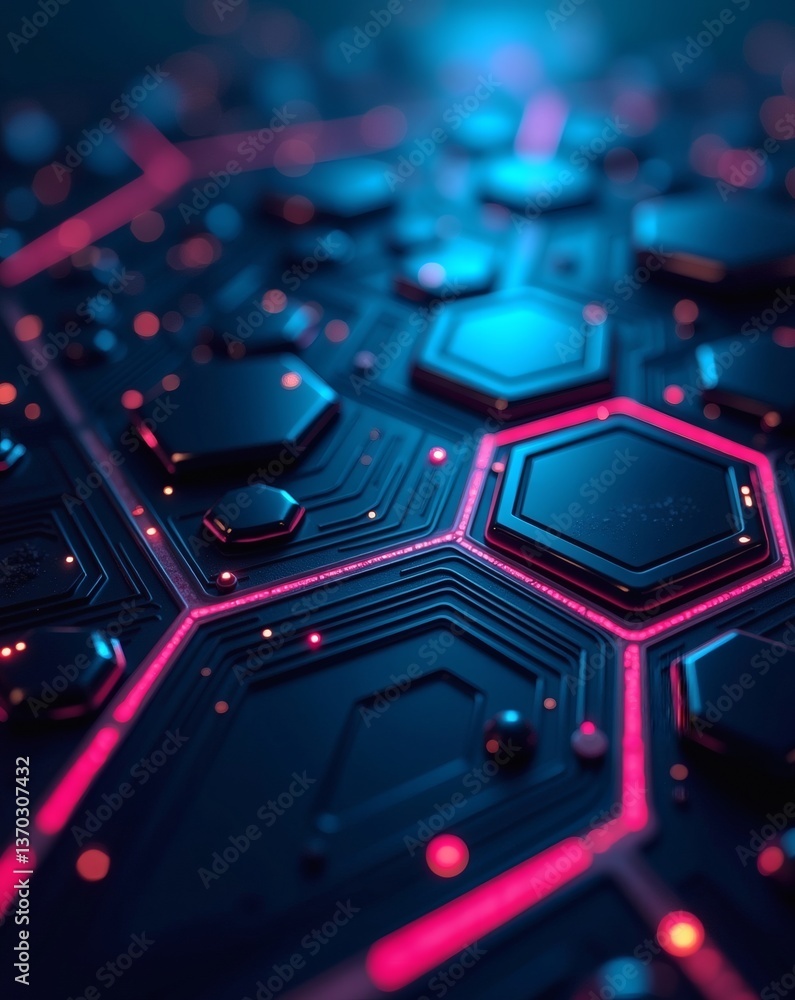 Aufkleber A close-up shot of a futuristic, interconnected circuit board with glowing pathways and hexagonal components. It embodies the cutting edge of technology and digital innovation.