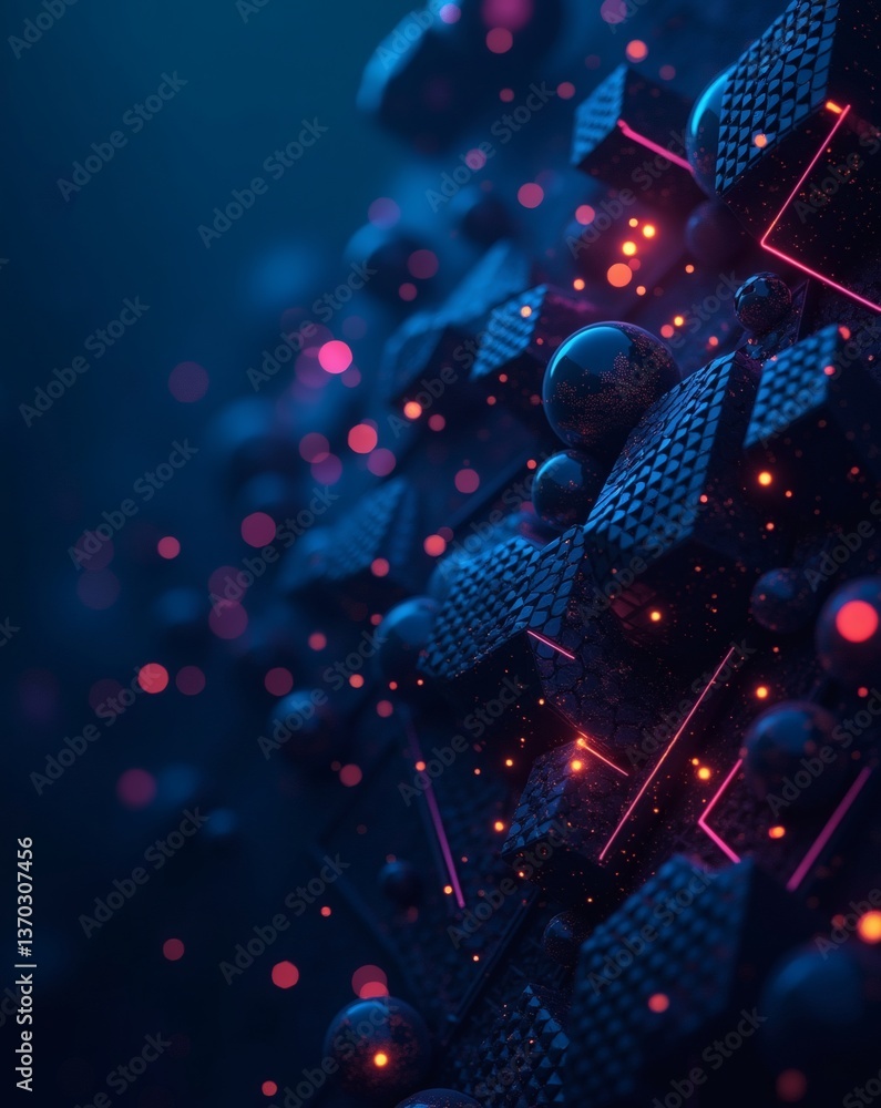 Poster abstract digital art of a futuristic design with geometric shapes and glowing particles. The design has a dark blue and red color scheme, creating a visually dynamic and immersive experience