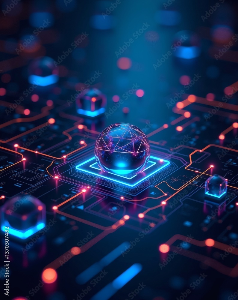 Poster close-up shot of a futuristic circuit board with glowing elements and a neon effect, symbolizing technology. It shows a network of intricate pathways and glowing nodes.
