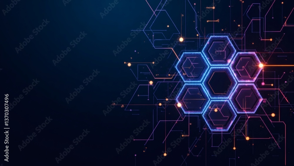 Aufkleber a futuristic digital abstract featuring interconnected hexagonal shapes. The image is awash in hues of blue and orange, showcasing an intricate network of circuits and data points