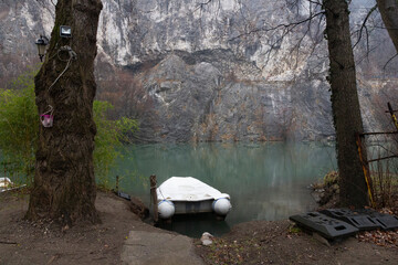 Boat on the mountain Morava river in Serbia