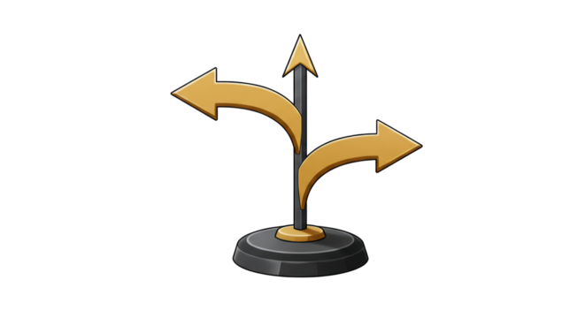 Isolated Golden Arrow Signpost with Multiple Directional Choices