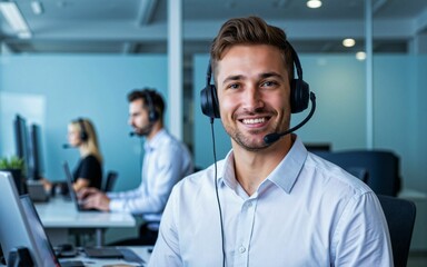 Professional Male Call Center Operator Wearing Headset, Providing Excellent Customer Service in a Modern Office
