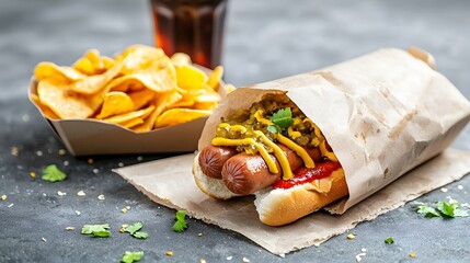 Mouthwatering hot dog in a soft bun topped with mustard ketchup and relish served with a side of crispy potato chips and a refreshing soda on a casual picnic table