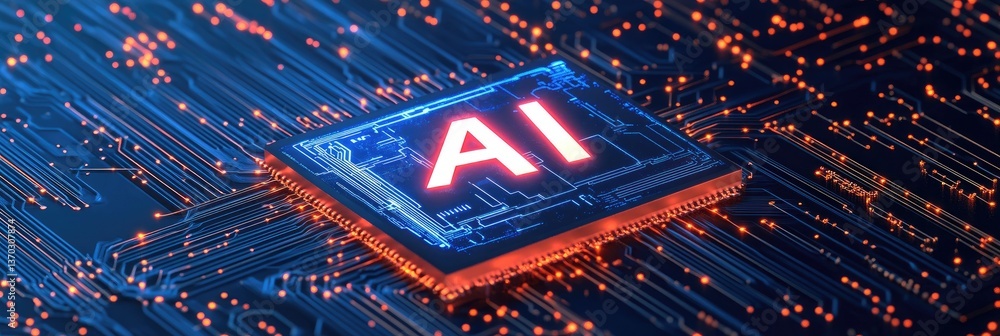 Poster illuminated ai computer chip detail with glowing circuits technology innovation and digital network 