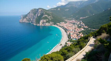 Aerial View of a Picturesque Coastal Mountain Village with Winding Roads, Turquoise Beaches, and Mediterranean Charm – Ideal Summer Destination