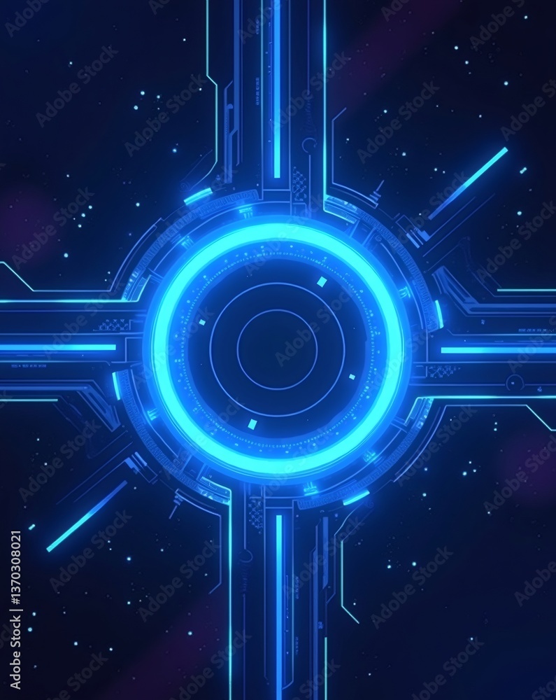 Poster futuristic, tech-themed graphic with a glowing blue circular design and a network of connected lines