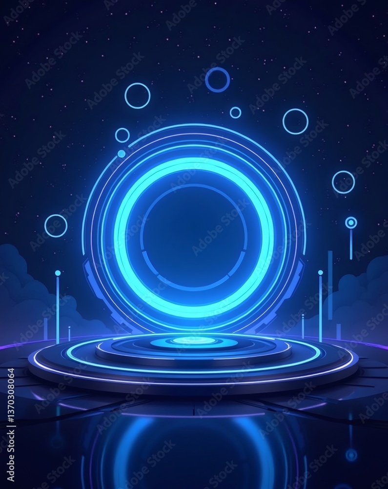 Poster an abstract blue futuristic background, with a glowing stage and a digital circle. the stage is desi