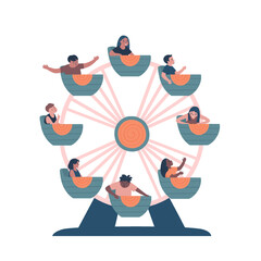 Happy children on the Ferris wheel. Boys and girls ride in the open cabins of the Ferris wheel. Summer time of the year. Flat vector illustration