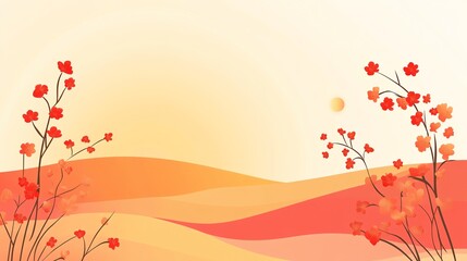 Red Flowers, Orange Sunset Landscape