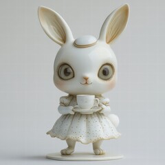 Obraz premium Whimsical Bunny Sculpture in Porcelain White with Teacup, Flame-Detail Design