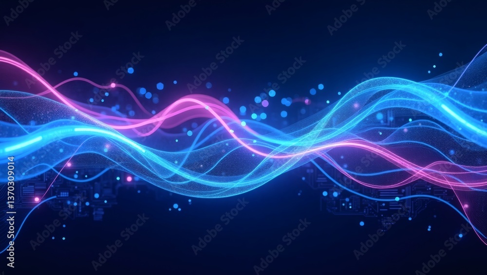 Poster abstract blue and purple flowing energy lines against a dark background, resembling sound waves or data streams, create a sense of movement