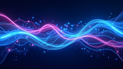 abstract blue and purple flowing energy lines against a dark background, resembling sound waves or data streams, create a sense of movement