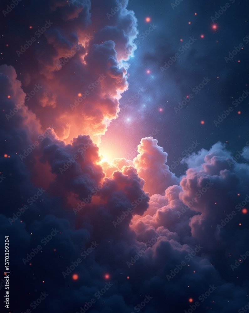 Poster a stunning view of glowing clouds with tiny stars and radiant light. the clouds are a mix of colors,