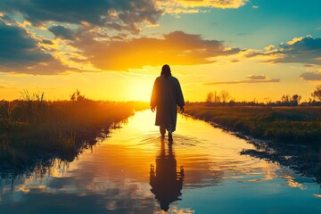 Jesus Walking on Water, Sunset, Field