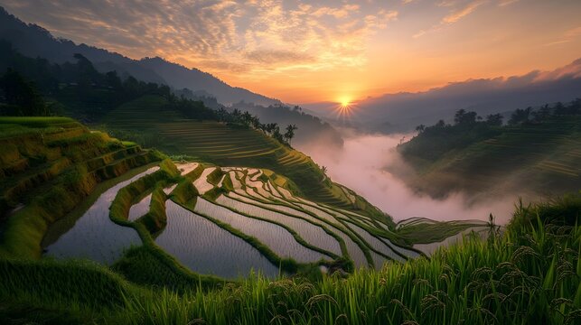 A magical sunrise over a terraced rice field, mist floating above the land