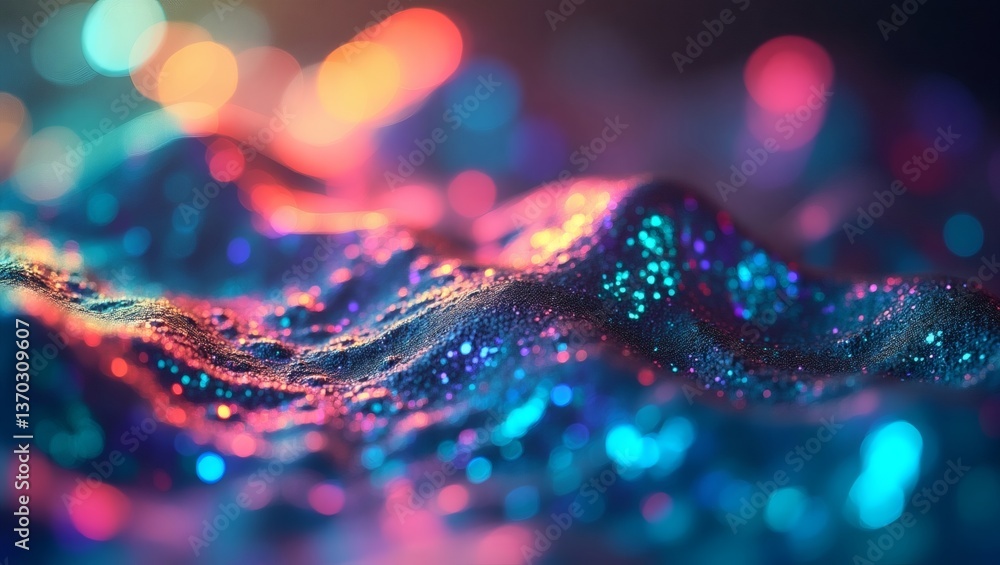 Poster abstract close-up of a colorful, glowing, wavy surface with bokeh effects and light.