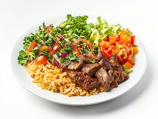 Delicious Steak Bowl with Rice and Fresh Vegetables on White Plate