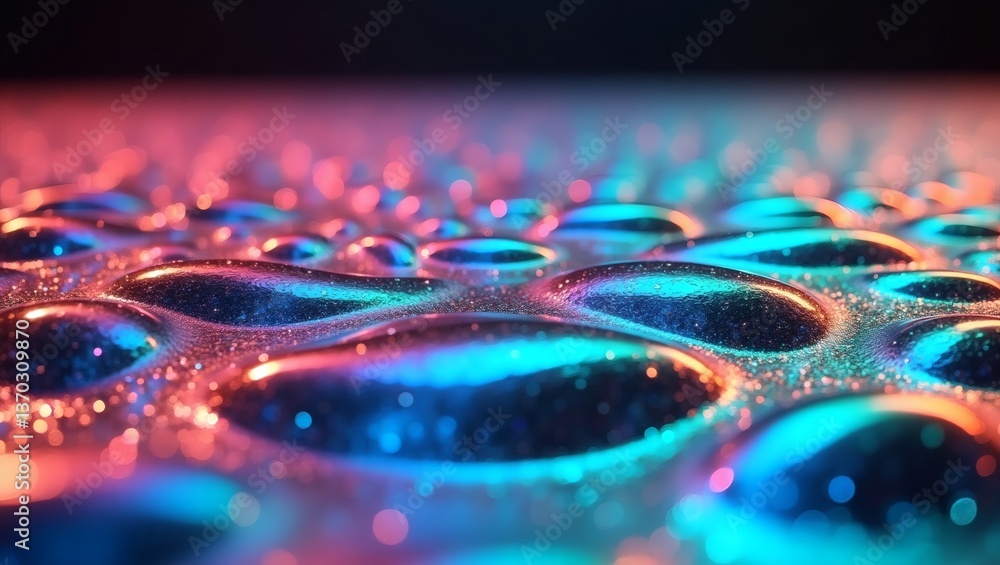 Poster a close-up shot of water droplets with vibrant, colorful reflections. the droplets are spherical in 