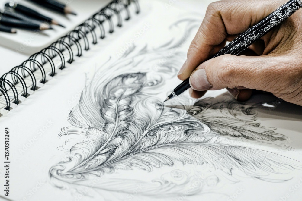Poster a close up of a hand sketching an intricate feather design in a sketchbook, showcasing artistic crea