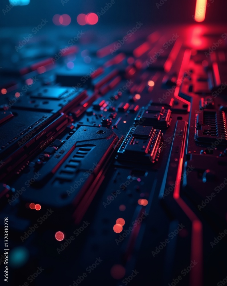 Poster close-up view of a computer circuit board with intricate electronic components under vibrant lighting 