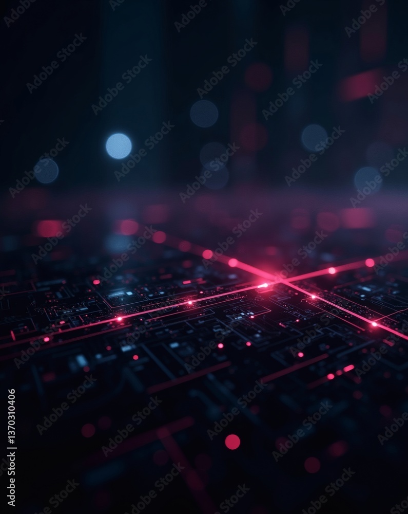 Poster a captivating abstract image showcasing a network of interconnected data streams illuminated with a neon glow. The overall tone is sleek, futuristic, and suggestive of high-tech systems