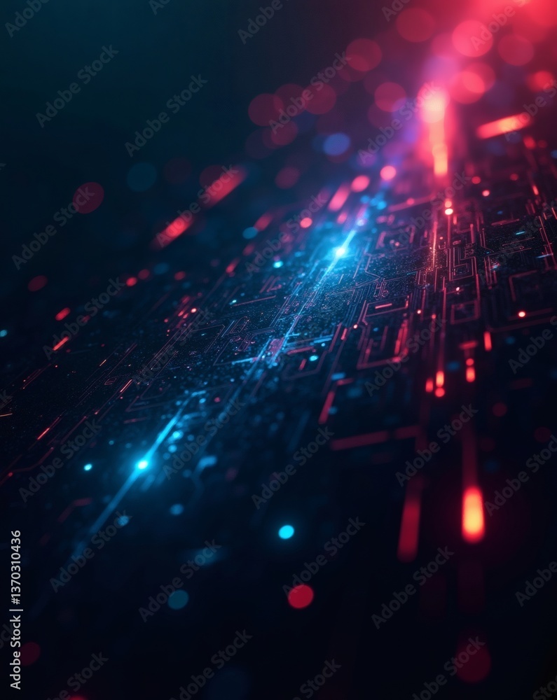 Poster a digital abstract illustration of bright blue and red lights forming a complex network of lines and dots