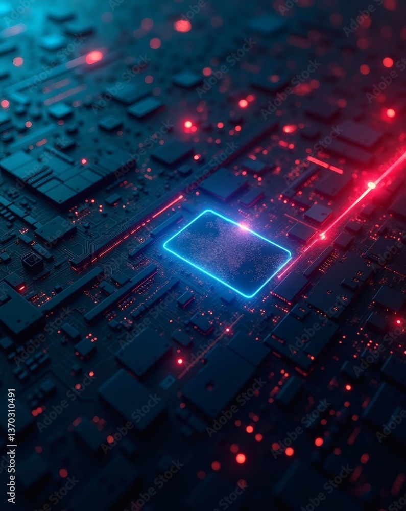 Poster a close-up image of a computer circuit board with glowing blue and red lights, highlighting its intricate components