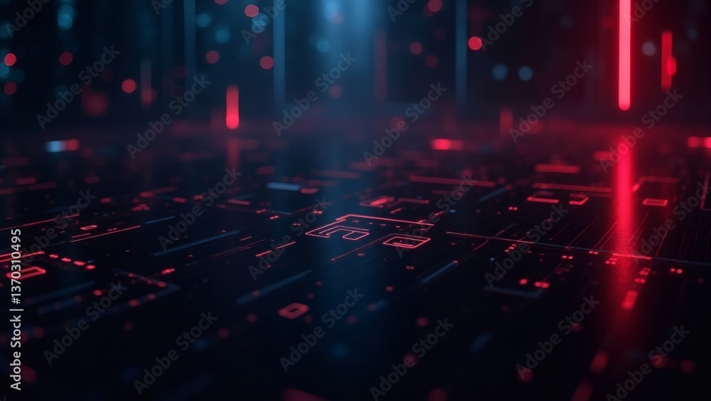 Aufkleber the abstract view of technology infrastructure with red and blue lights illuminating the data circuits 