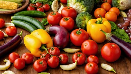 Colorful Assortment of Fresh Vegetables and Fruits on Wooden Table for Healthy Eating and Nutrition Concept