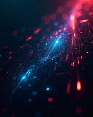 Fototapeta premium a digital abstract illustration of bright blue and red lights forming a complex network of lines and dots