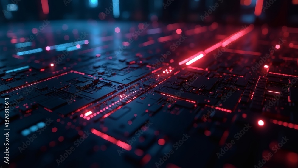 Poster abstract representation of a computer motherboard circuit board with a network of glowing neon lines