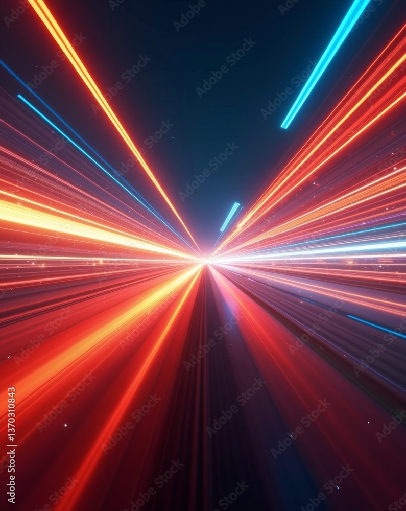 Poster a vibrant and dynamic abstract image featuring streaks of light, creating a sense of speed and movement. The lights streak towards a central point in the distance
