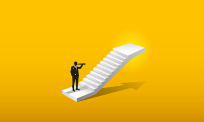 A businessman looks through a telescope and looks
 for the road that leads to the success of his business.
 Career growth.  Vector image