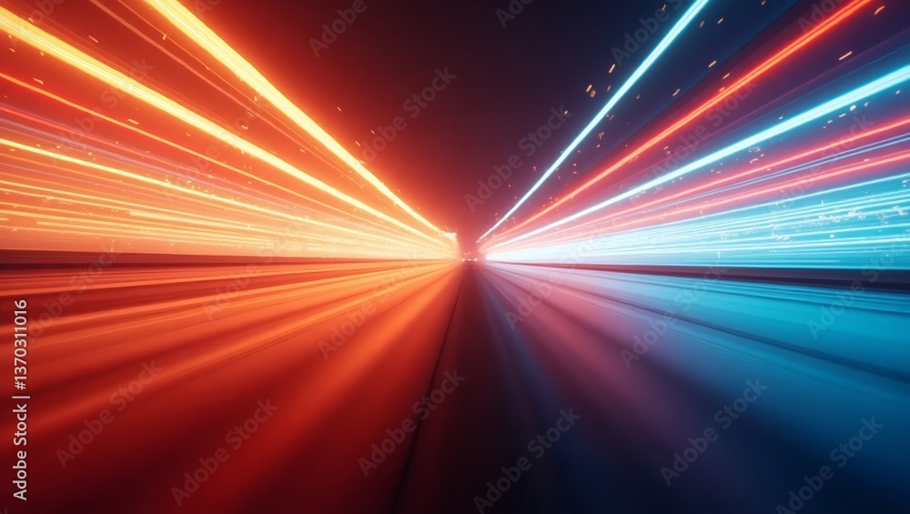 Fototapete A futuristic tunnel with streams of light creating dynamic speed effect, with glowing lines streaking towards a distant point