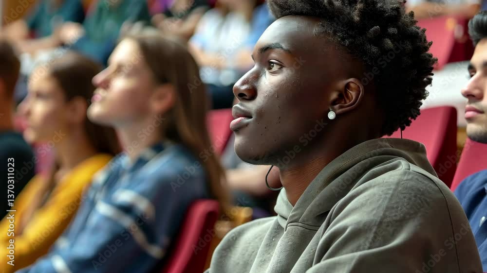Poster a young man attentively listens during a lecture in an auditorium filled with engaged students at a 