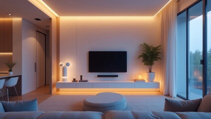 Fototapeta premium modern living room interior with minimalist design, featuring a television and ambient lighting, creating a cozy atmosphere. It showcases modern furniture and decor