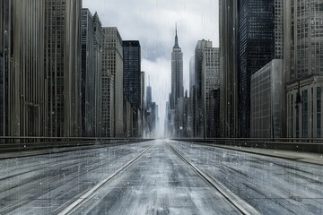 Rainy Cityscape Empty Street in NYC with Dramatic View.