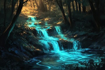 Mystical forest stream cascading over rocks, sunlight filtering through trees. Use Nature wallpaper, fantasy art