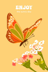 Bright summer poster with a flower and a flying butterfly above it. Text Enjoy the sunny day. Trendy vector illustration. All elements are isolated