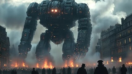 Giant steampunk robot towering over city during riot - Powered by Adobe